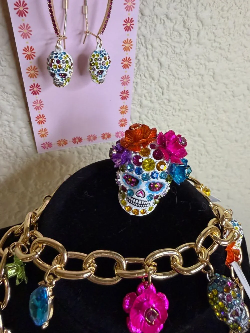 Betsey Johnson Sugar Skull Jewelry Set Necklace Bracelet Ring Earrings NWT